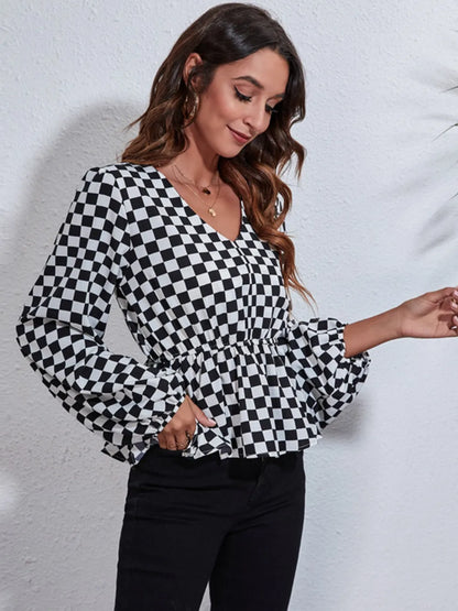 Checkered V-Neck Balloon Sleeve Peplum Blouse-Nordavory