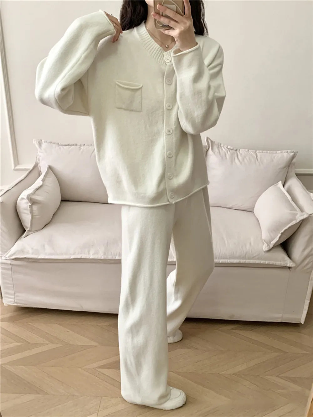 Pocketed Round Neck Button Up Cardigan and Pants Sweater Set-Nordavory