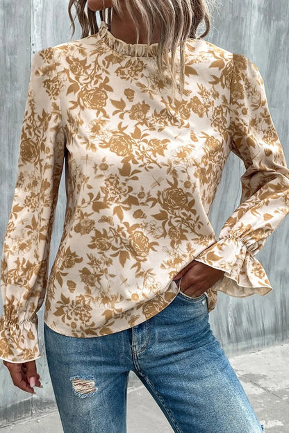 Floral Print Mock Neck Flounce Sleeve Blouse-Nordavory