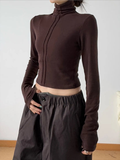 High Neck Long Sleeve Cropped T-Shirt-Nordavory