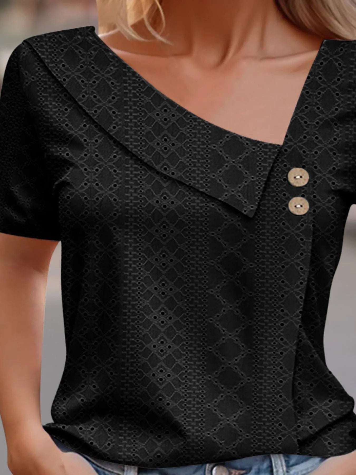 Eyelet Asymmetrical Short Sleeve T-Shirt-Nordavory