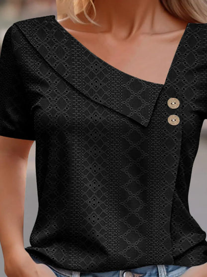 Eyelet Asymmetrical Short Sleeve T-Shirt-Nordavory
