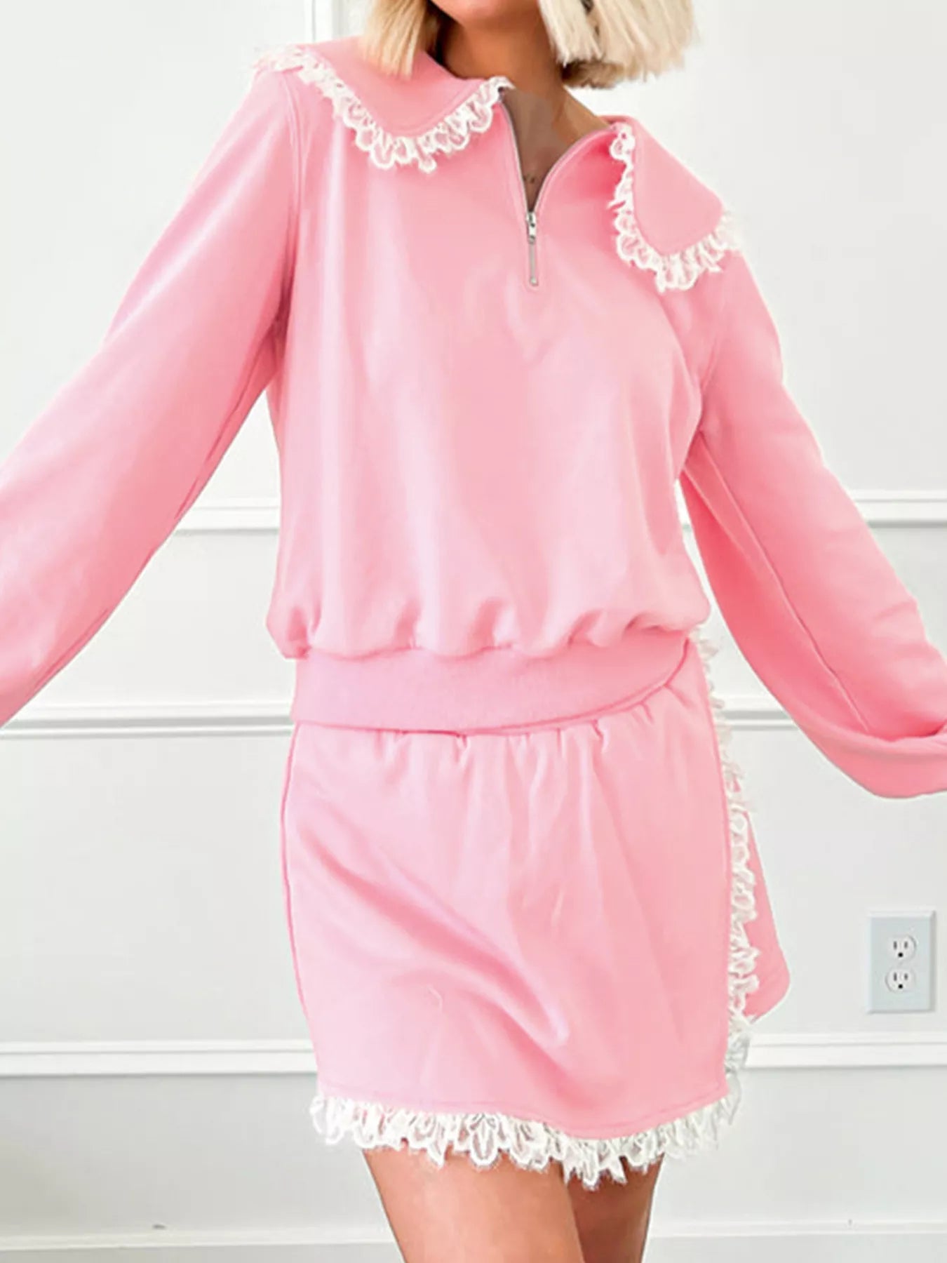 Peter Pan Lace Embellished Neck Sweatshirt and Skirt Two Piece Set-Nordavory