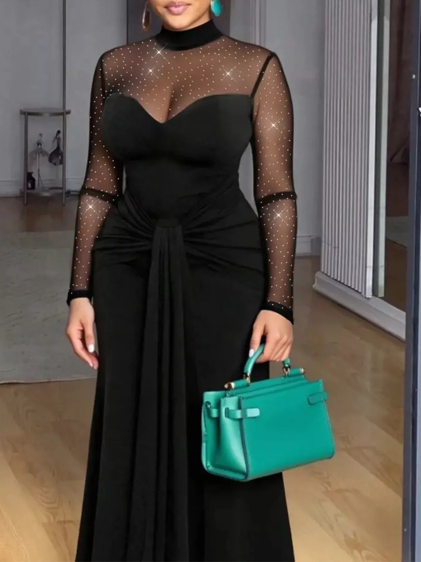 Mesh Mock Neck Long Sleeve Maxi Dress-Nordavory