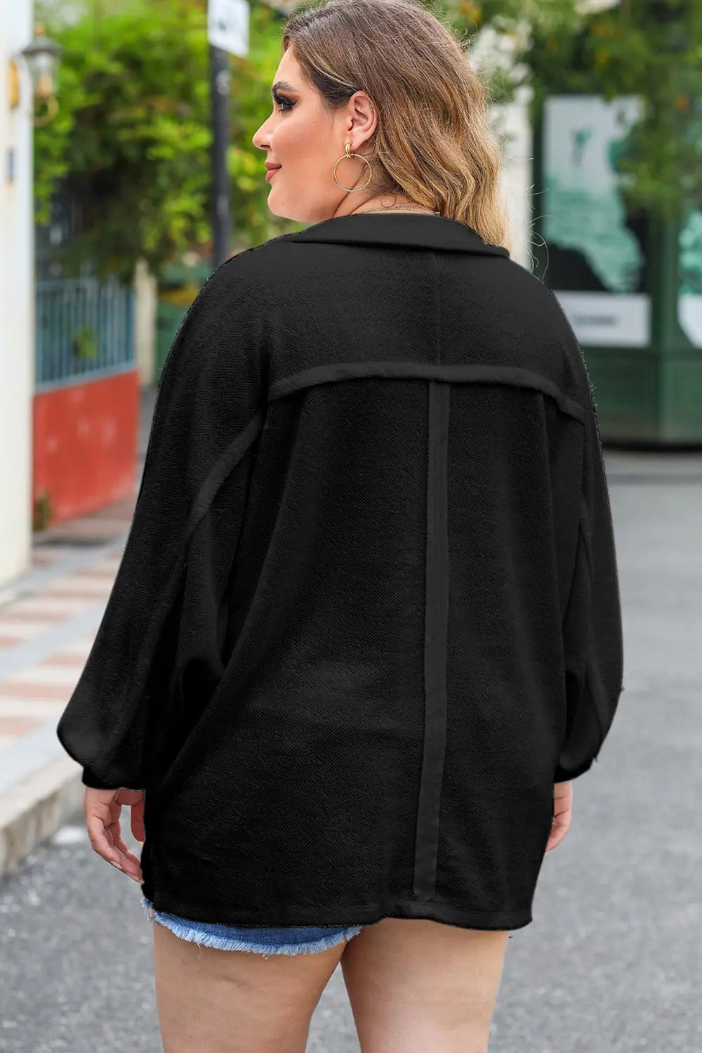 Plus Size Half Button Collared Neck Long Sleeve Blouse-Nordavory