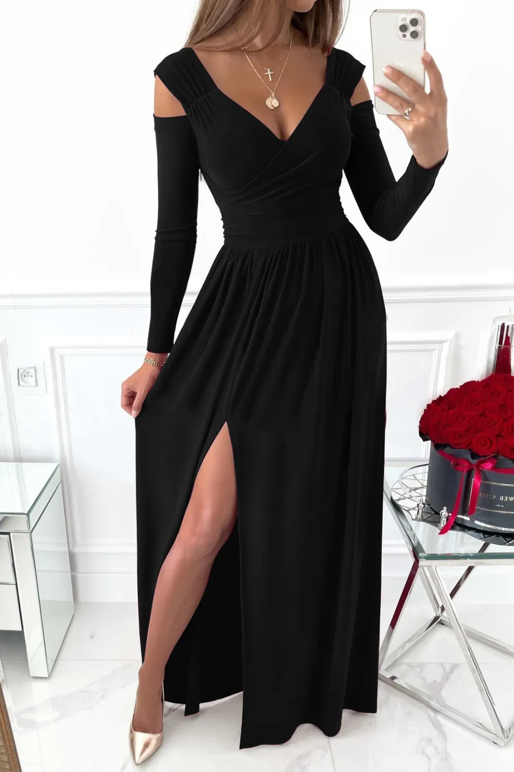 Slit Surplice Long Sleeve Maxi Dress-Nordavory