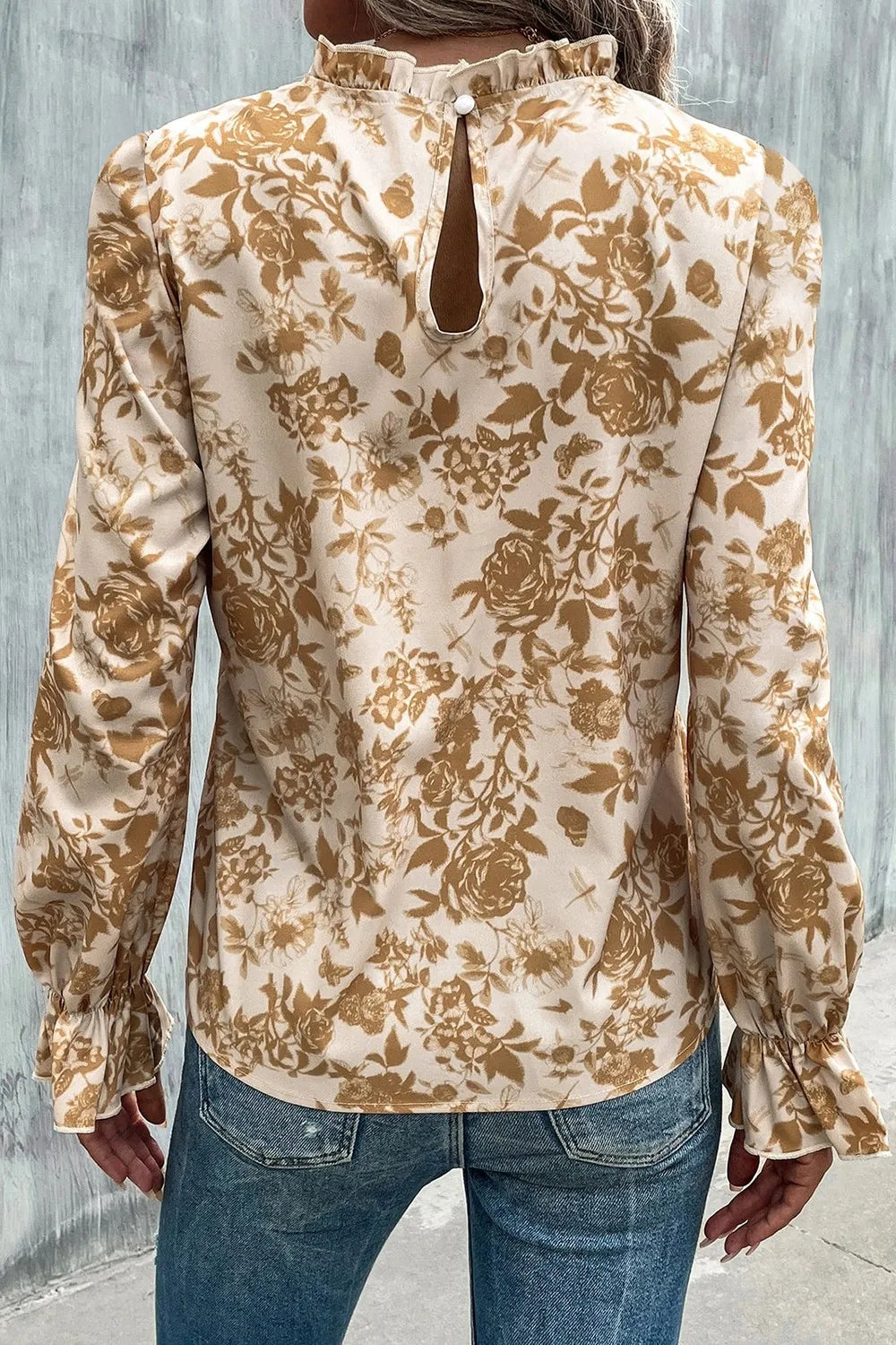 Floral Print Mock Neck Flounce Sleeve Blouse-Nordavory
