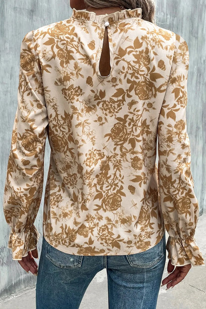 Floral Print Mock Neck Flounce Sleeve Blouse-Nordavory