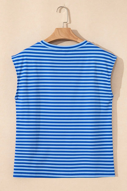 Striped Round Neck Cap Sleeve T-Shirt-Nordavory