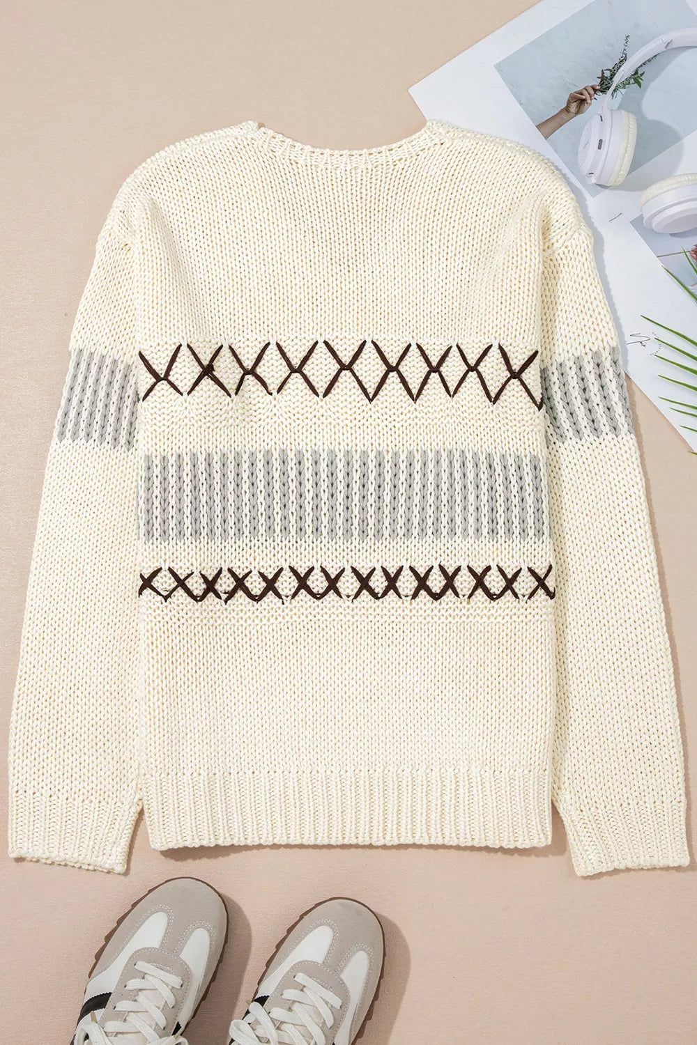 V-Neck Knit Long Sleeve Sweater-Nordavory