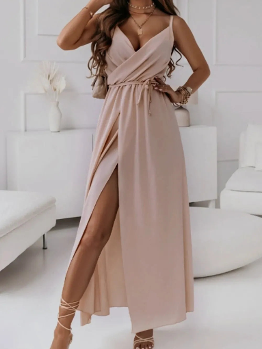 Honey Tied Surplice Sleeveless Midi Cami Dress-Nordavory