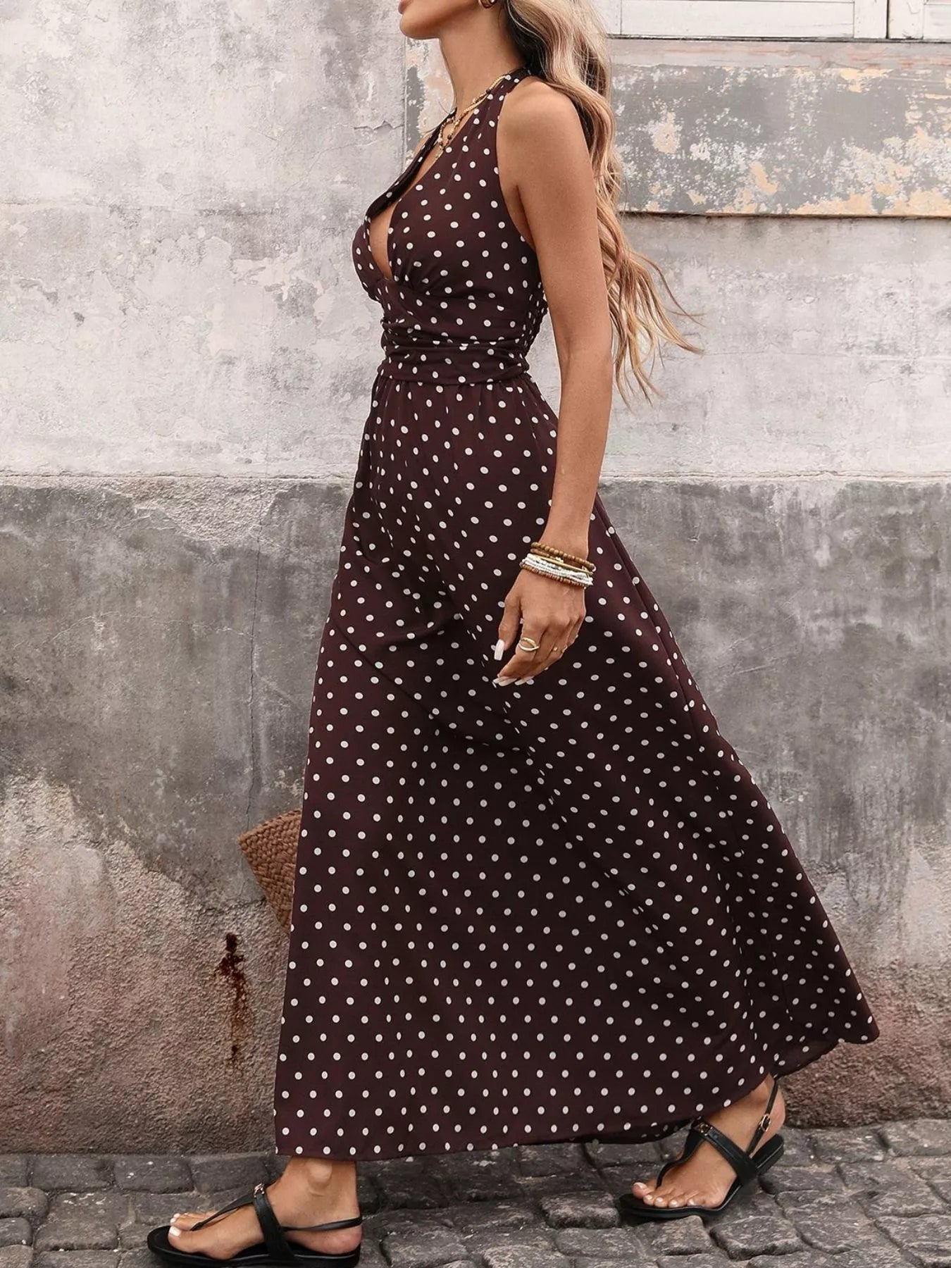 Halter Neck Polka Dot Maxi Dress-Nordavory