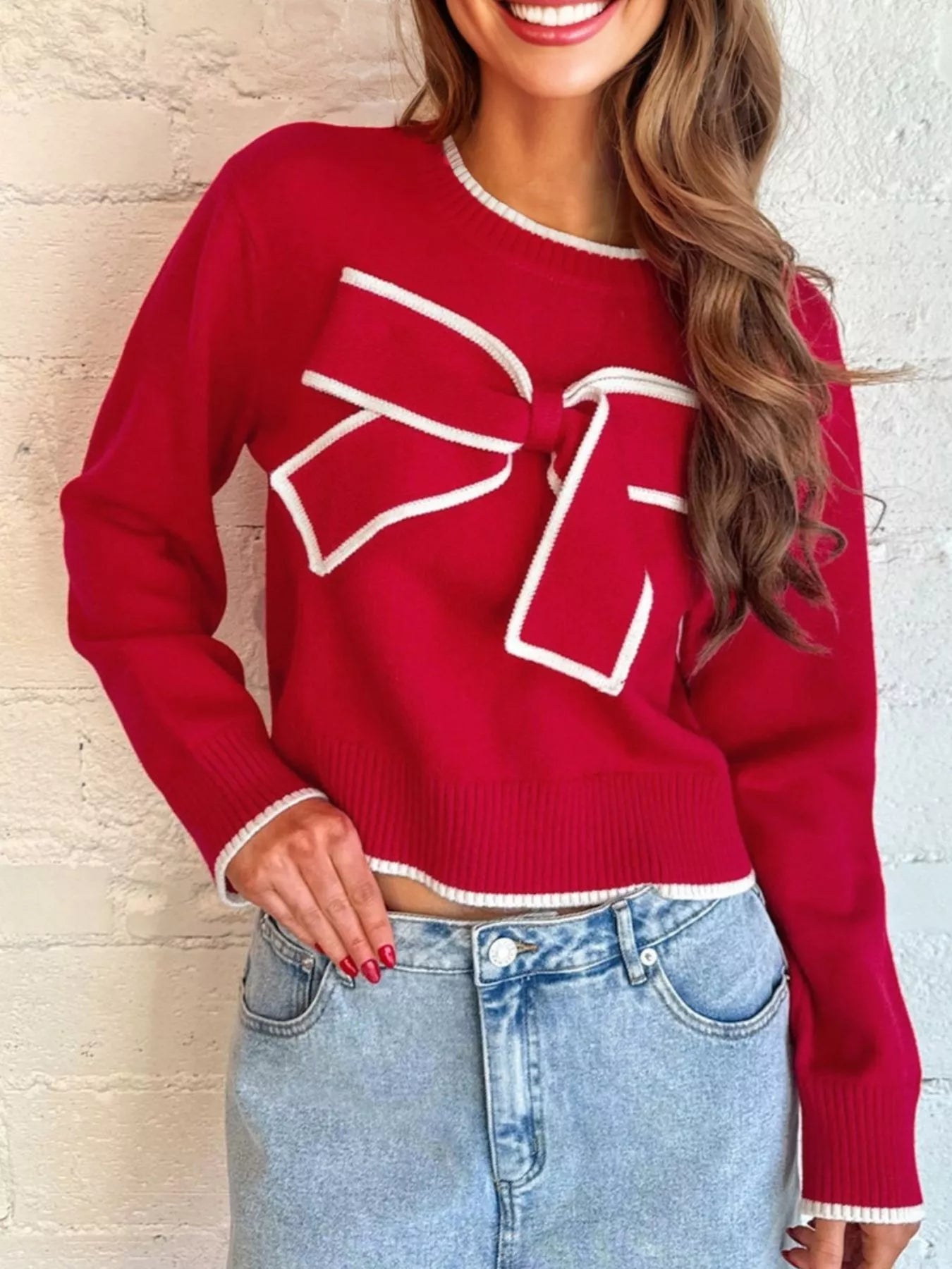 Contrast Trim Bow Accent Holiday Cropped Sweater-Nordavory