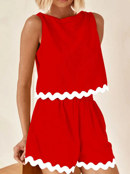 Contrast Trim Round Neck Tank and Shorts Set-Nordavory