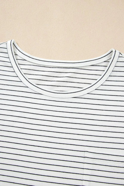 Stripe Cap Sleeve Crew Neck Casual Tee with Chest Pocket-Nordavory