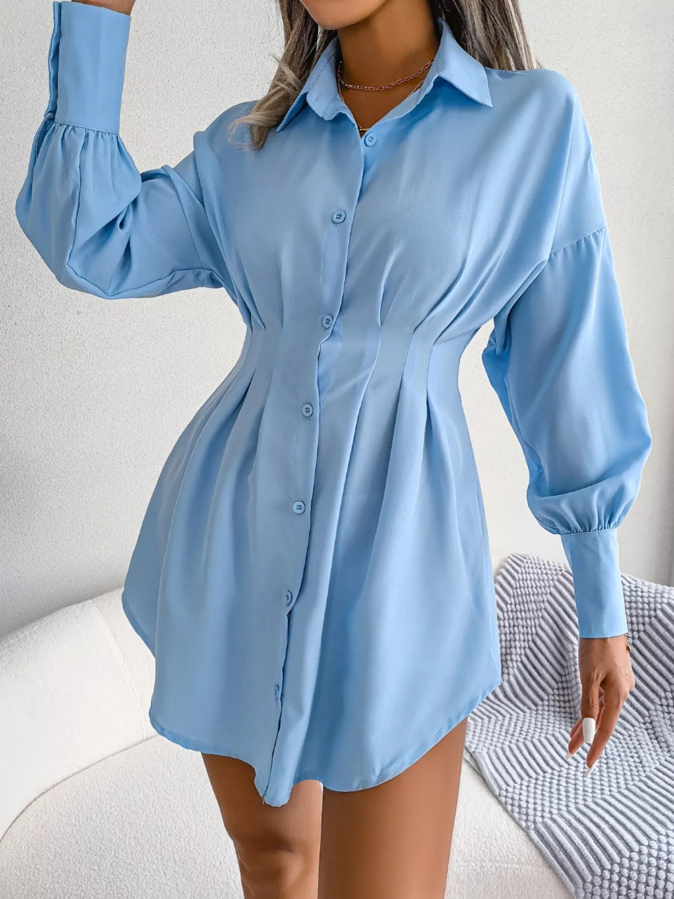 Elegant Button-Down Cinched Waist Mini Shirt Dress-Nordavory