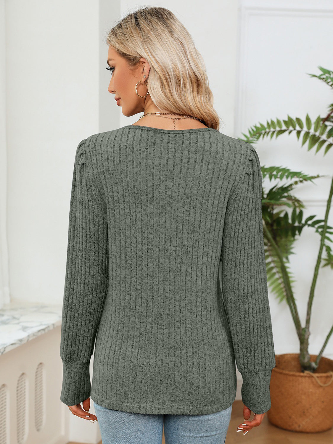Lace Detail V-Neck Ribbed Blouse-Nordavory
