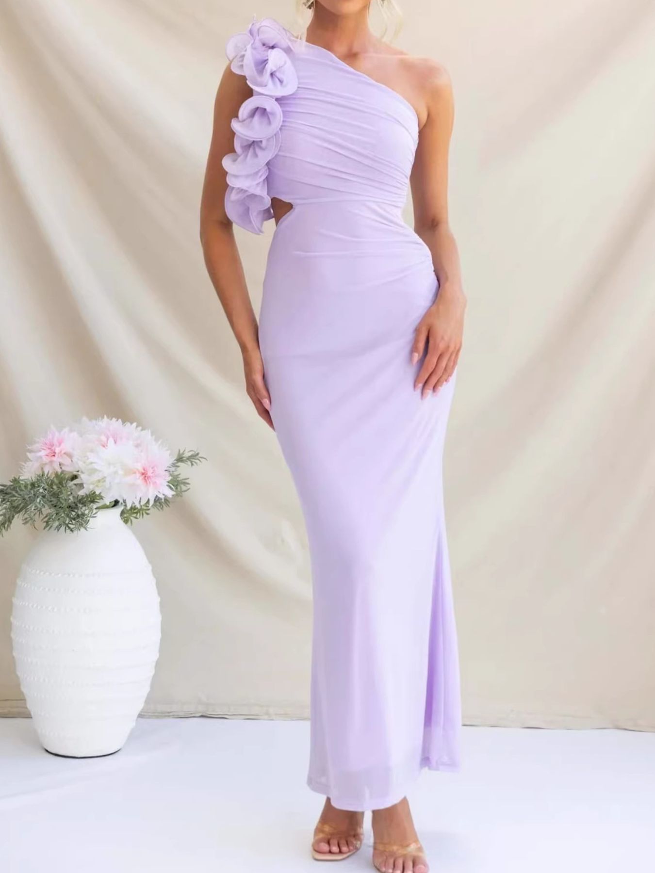 One-Shoulder Floral Trim Sleeveless Maxi Dress-Nordavory