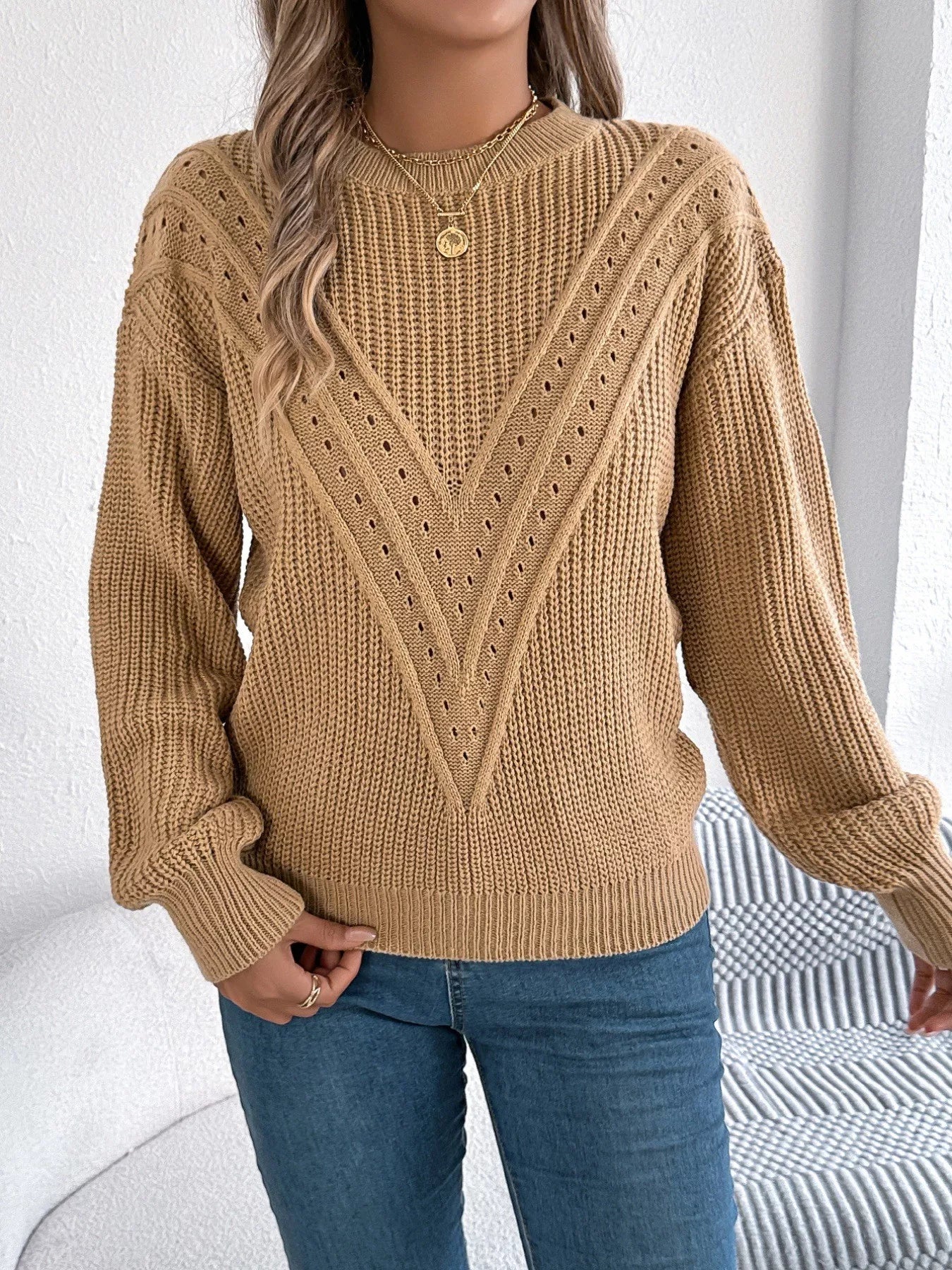 Openwork Round Neck Sweater-Nordavory