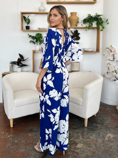 Double Take Full Size Printed Tie Back Wide Leg Jumpsuit-Nordavory