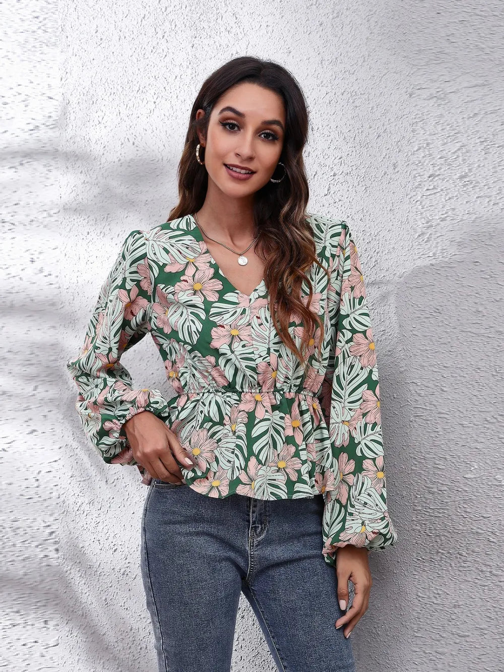 Floral V-Neck Balloon Sleeve Peplum Blouse-Nordavory