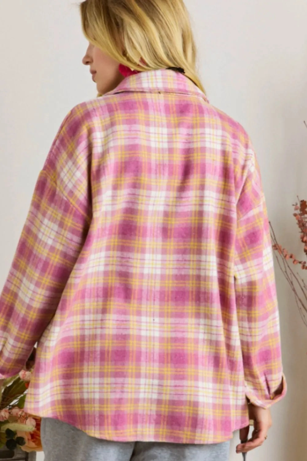Plaid Collared Neck Button Up Shacket-Nordavory