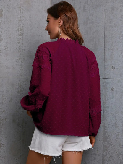 Crochet Tassel Tie Neck Long Sleeve Blouse-Nordavory