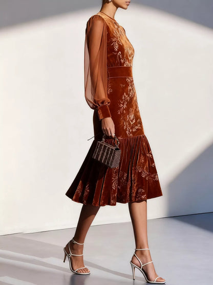 Velvet Floral Lantern Sleeve Midi Dress-Nordavory
