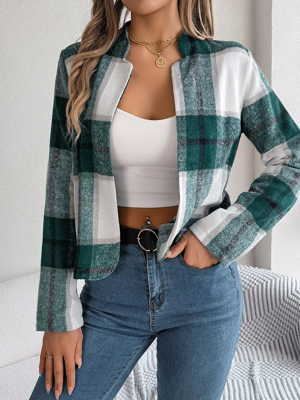 Plaid Open Front Long Sleeve Jacket-Nordavory