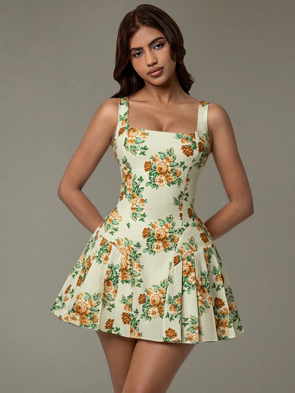 Floral Sleeveless Mini Pleated Dress-Nordavory