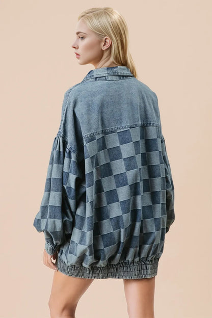 Double Take Checkered Button Up Denim Jacket-Nordavory