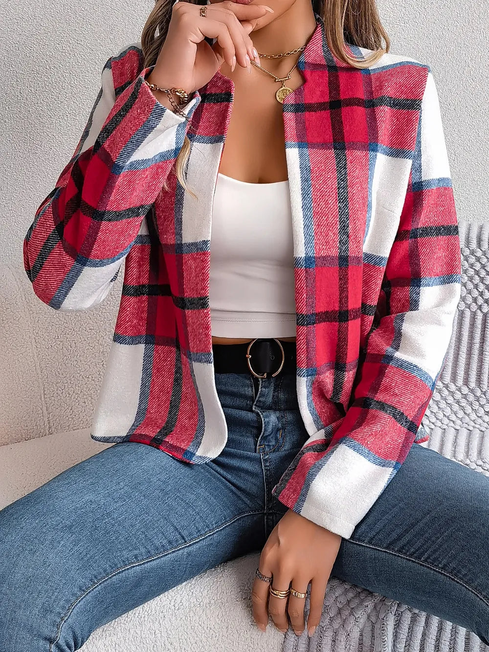 Plaid Open Front Long Sleeve Jacket-Nordavory