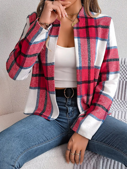 Plaid Open Front Long Sleeve Jacket-Nordavory