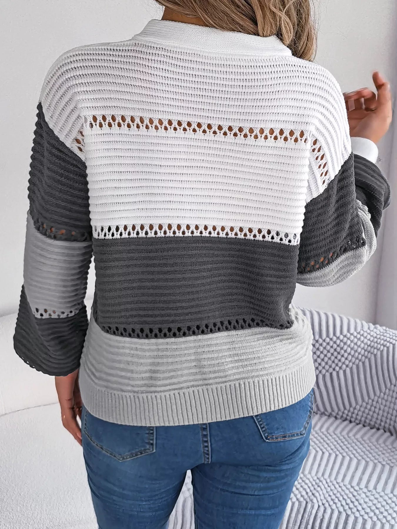 Color Block Striped V-Neck Button Detail Sweater-Nordavory