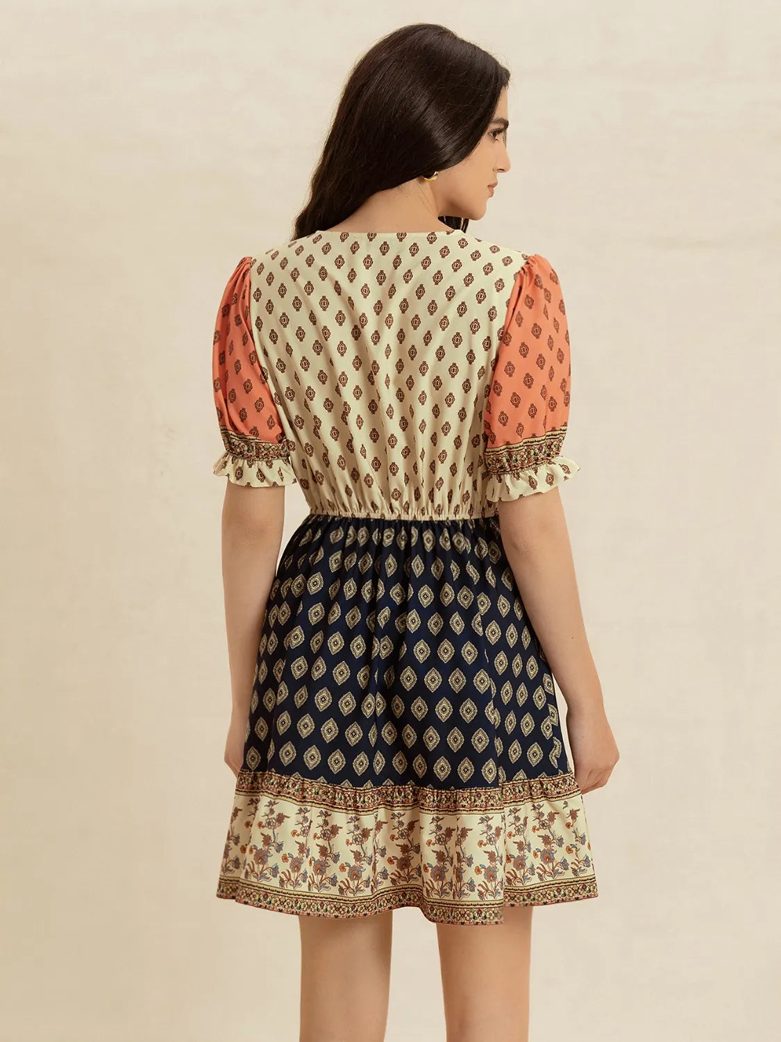 Printed V-Neck Short Sleeve Dress-Nordavory