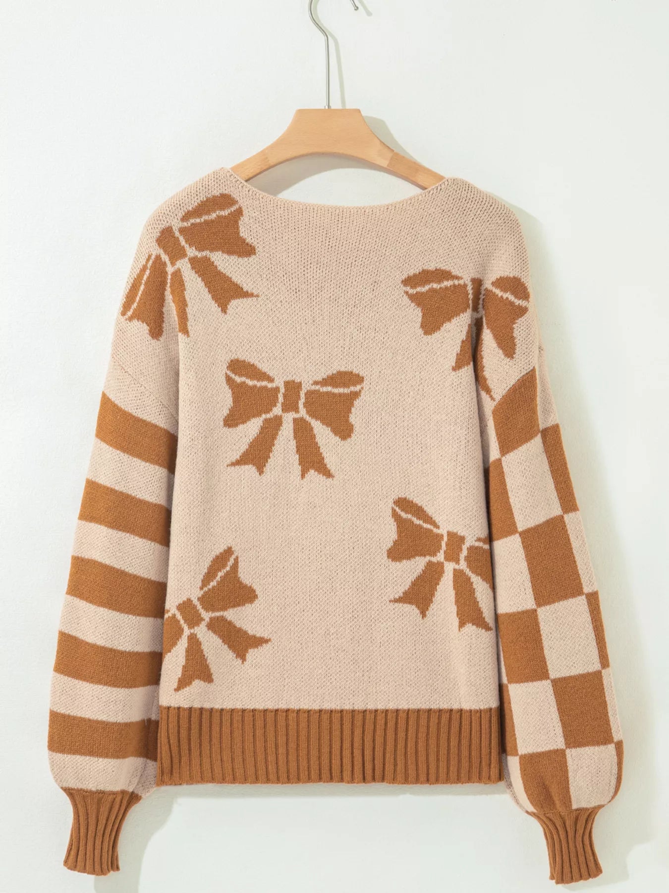 Ribbon Bow Checkered Striped Sleeve Drop Shoulder Sweater-Nordavory