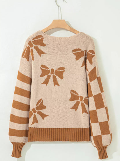Ribbon Bow Checkered Striped Sleeve Drop Shoulder Sweater-Nordavory