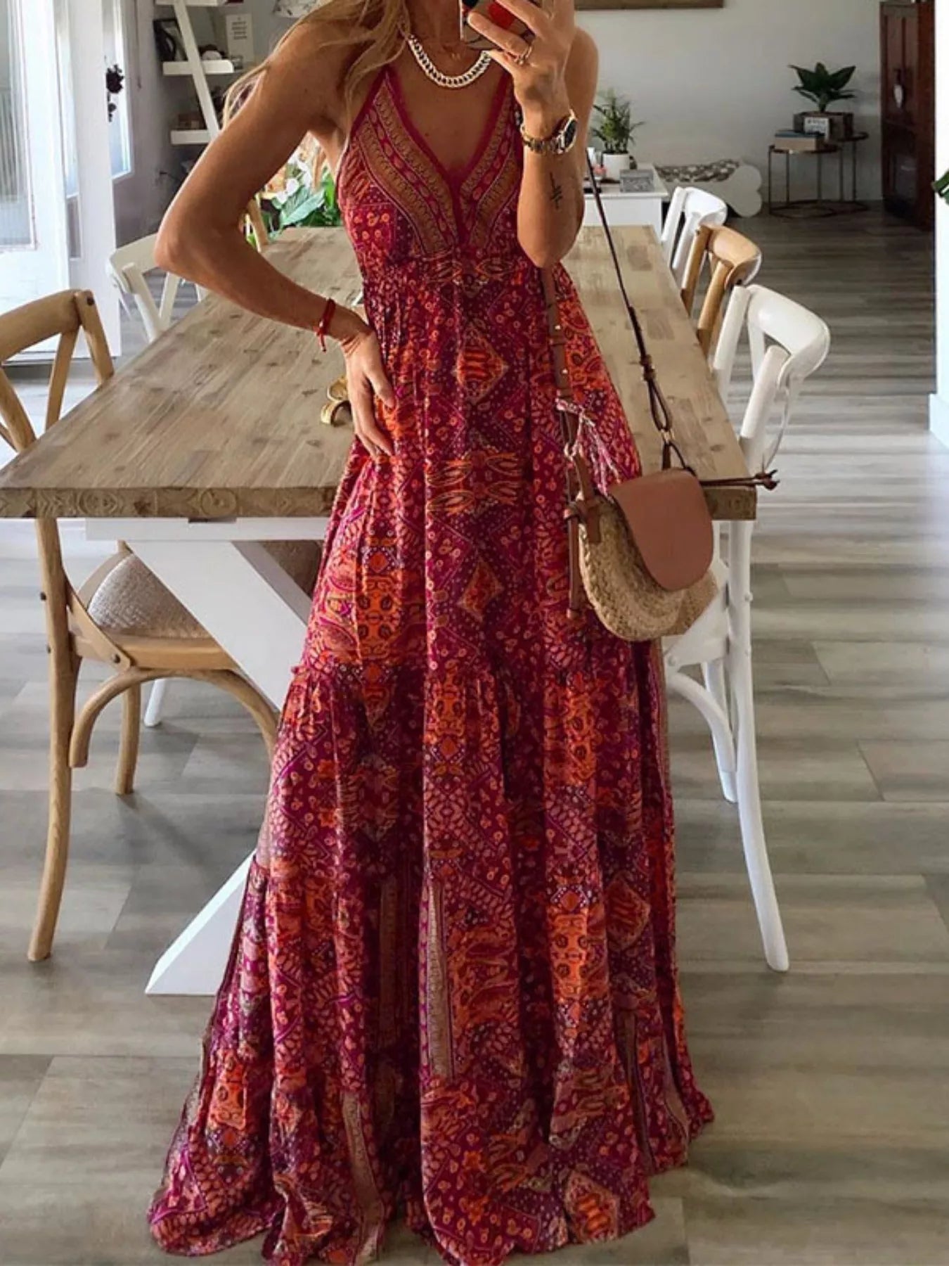 Printed V-Neck Maxi Dress-Nordavory