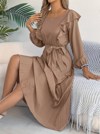 Ruffle Trim Pleated A-Line Midi Dress-Nordavory