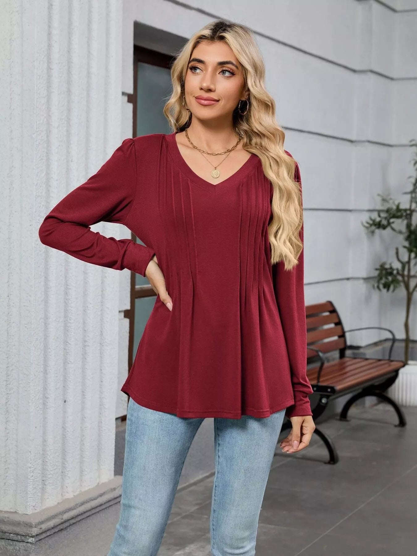V-Neck Long Sleeve Relaxed Fit T-Shirt-Nordavory