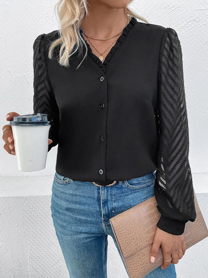 Perfee Mesh V-Neck Button Front Blouse-Nordavory