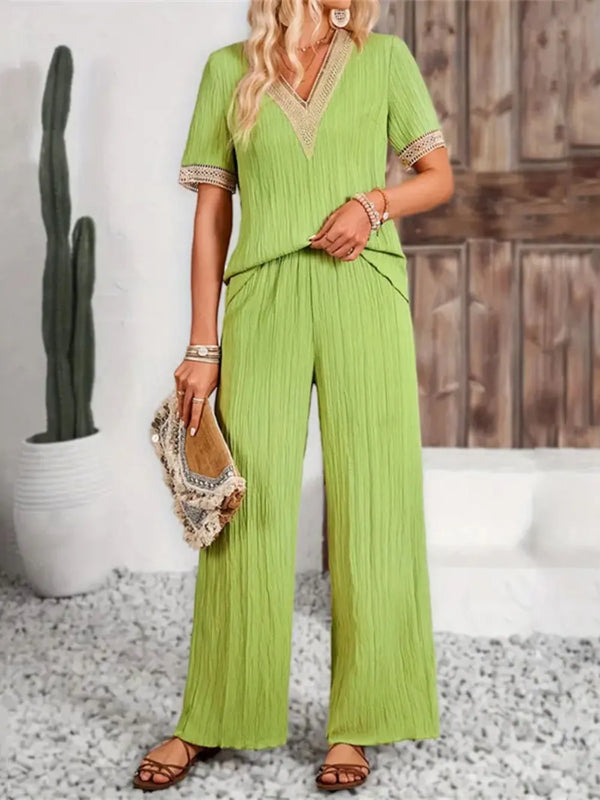 V-Neck Short Sleeve Top and Pants Set-Nordavory