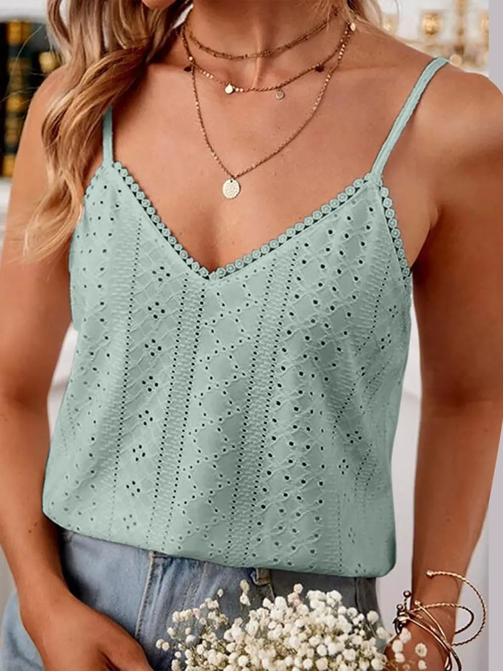 Eyelet Lace Detail V-Neck Cami-Nordavory