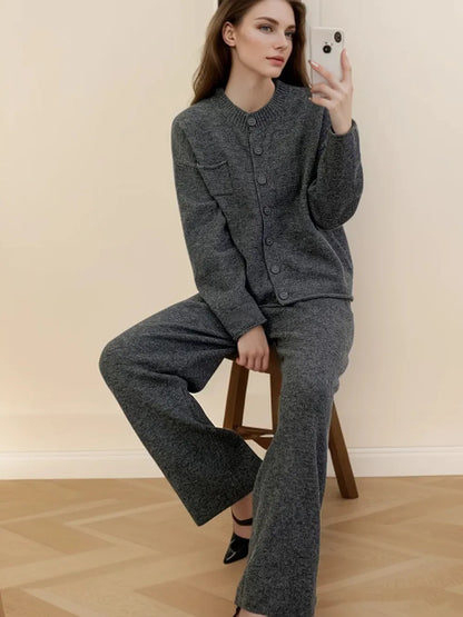 Pocketed Round Neck Button Up Cardigan and Pants Sweater Set-Nordavory