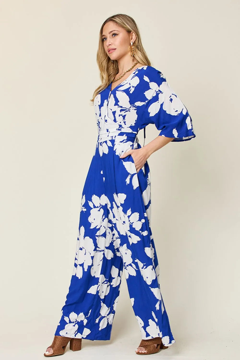 Double Take Full Size Printed Tie Back Wide Leg Jumpsuit-Nordavory