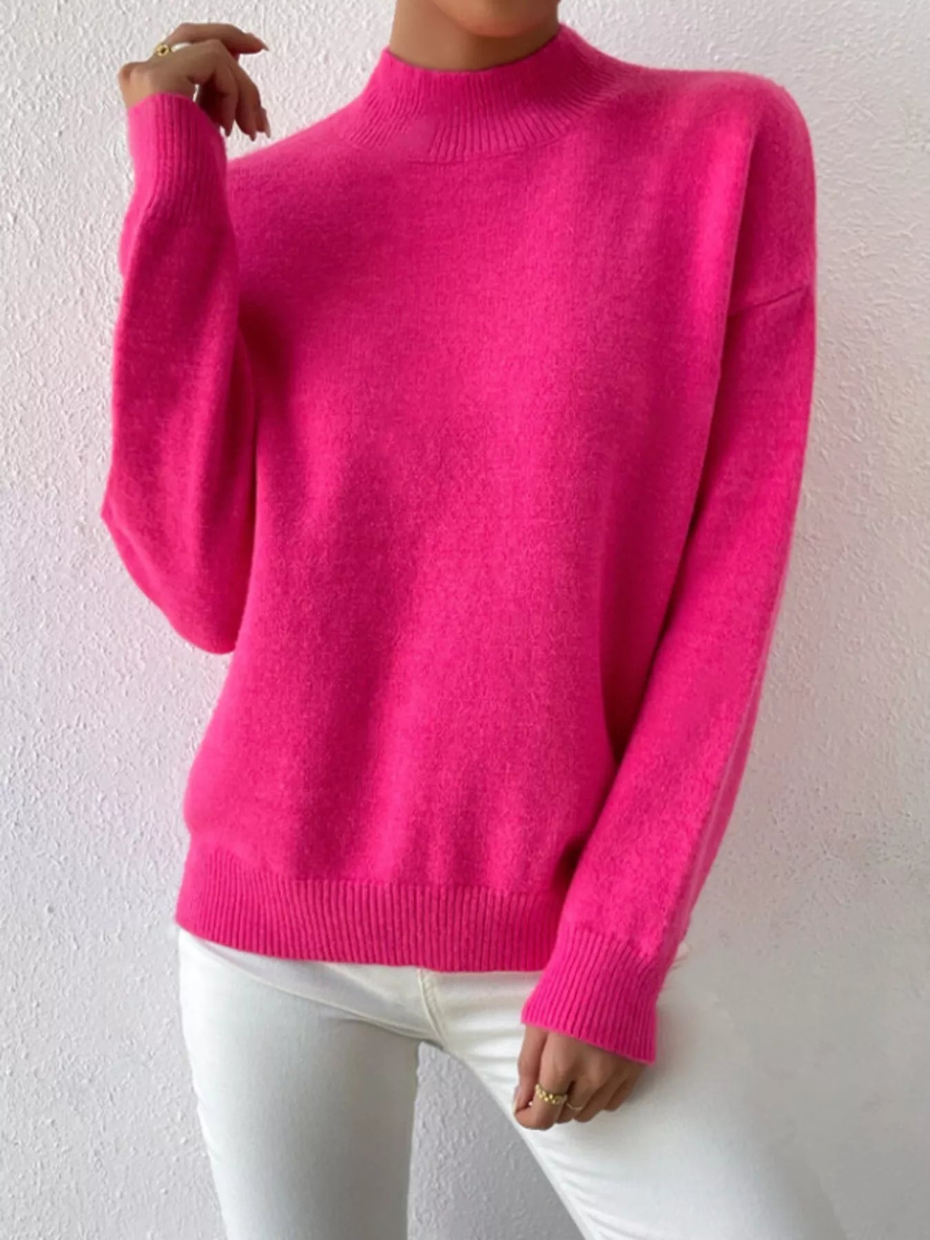 Mock Neck Dropped Shoulder Sweater-Nordavory