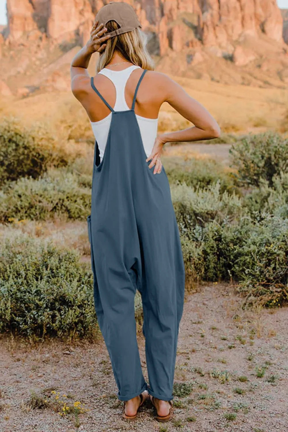 Double Take Full Size V-Neck Sleeveless Jumpsuit with Pockets-Nordavory