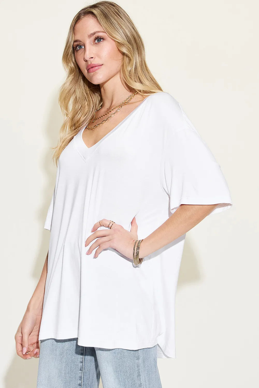 Basic Bae Full Size Bamboo V-Neck Drop Shoulder T-Shirt-Nordavory