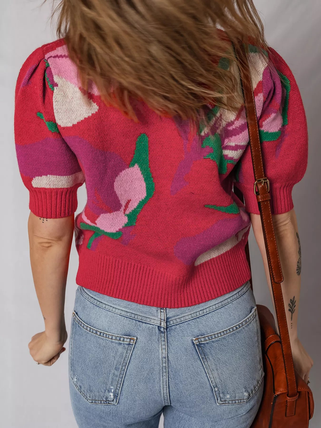 Floral Abstract Print Short Puff Sleeve Sweater-Nordavory