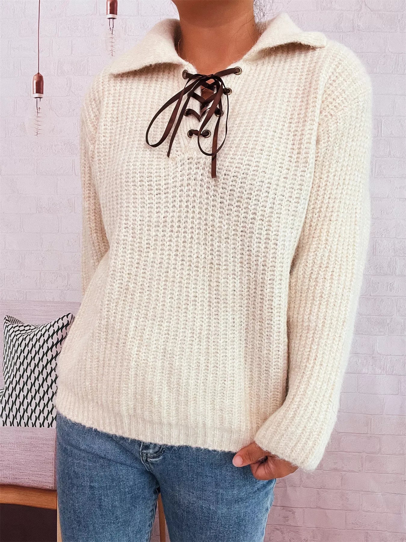 Lace Up Long Sleeve Sweater-Nordavory